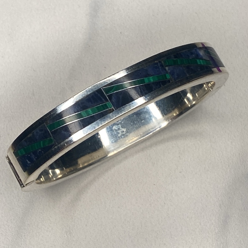 Incredible vintage antique‎ sodalite & malachite bangle bracelet 925 Taxco inlay